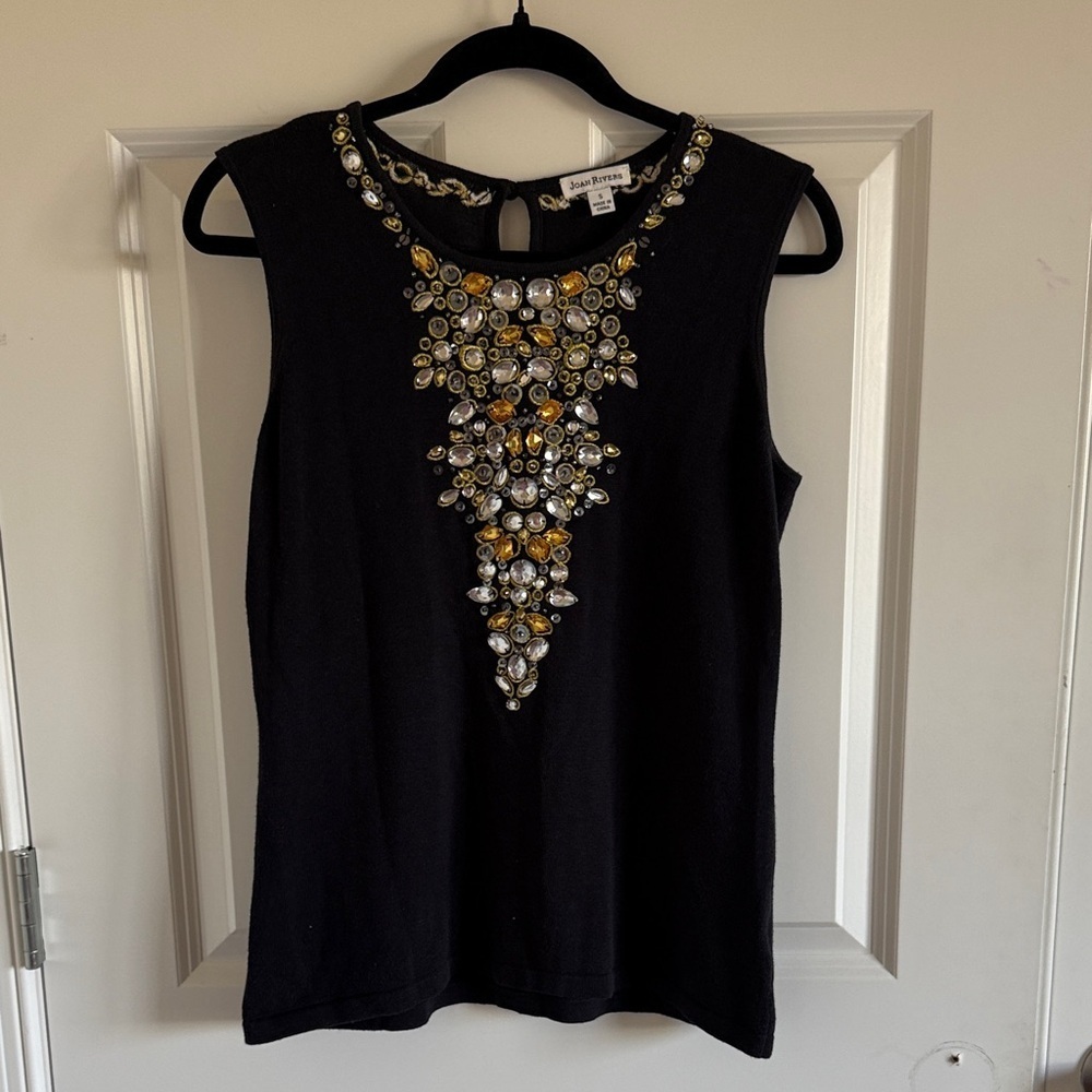 Joan Rivers Black Knit Sleeveless Tank Rhinestones Embroidered Embellished Small - Picture 2 of 8